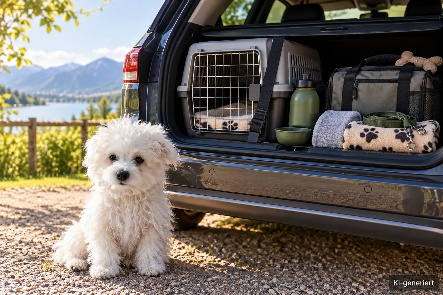 Hund vor einem für die Reise vorbereiteten Auto