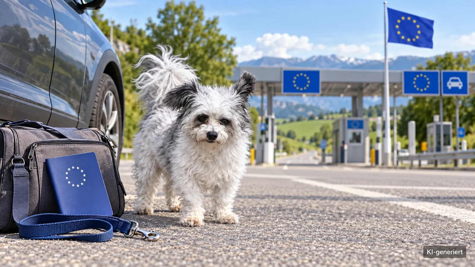 Hund mit Reiseunterlagen an einem europäischen Grenzübergang