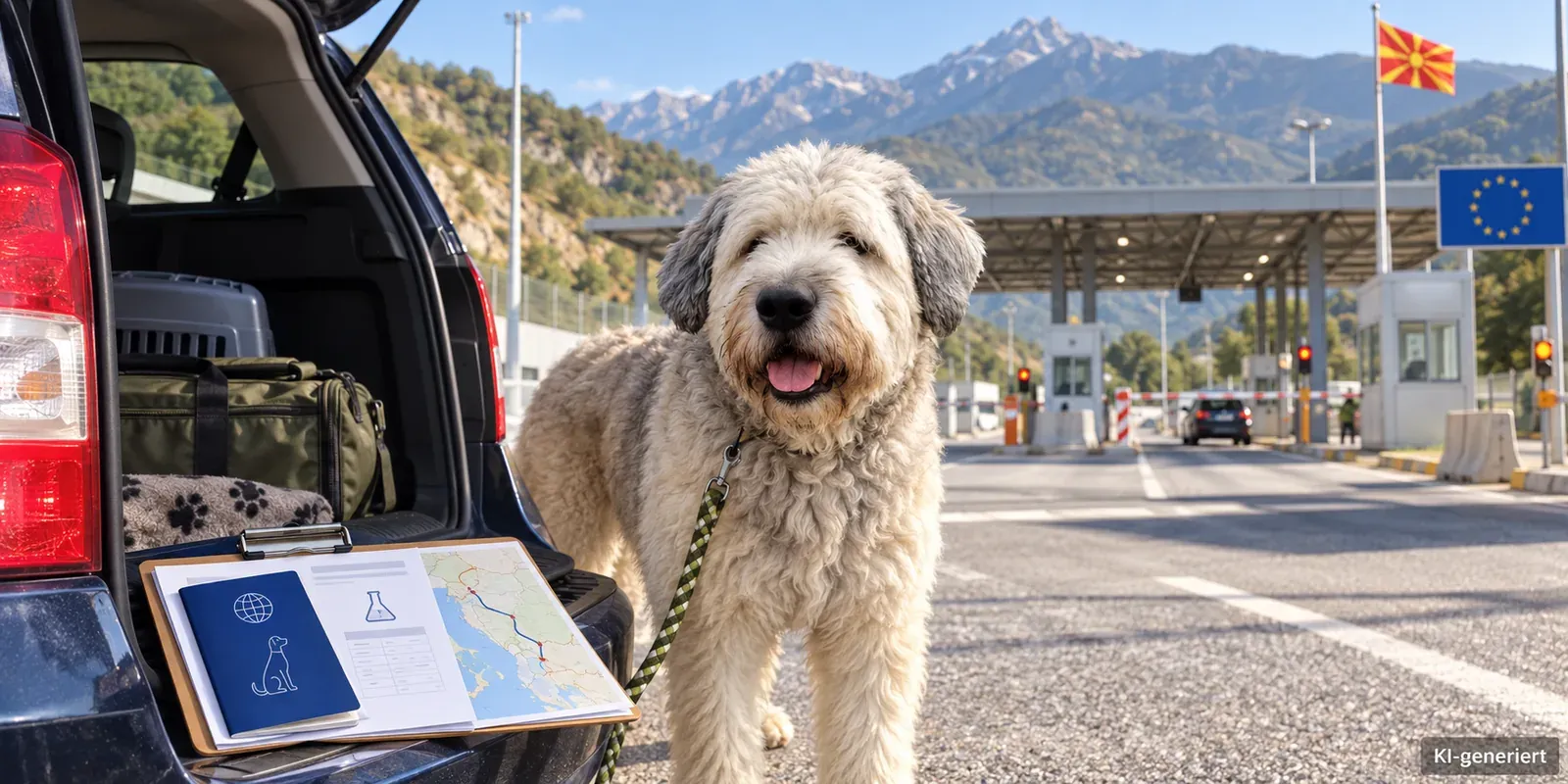 Hund mit Reiseunterlagen an einem Grenzübergang außerhalb der EU