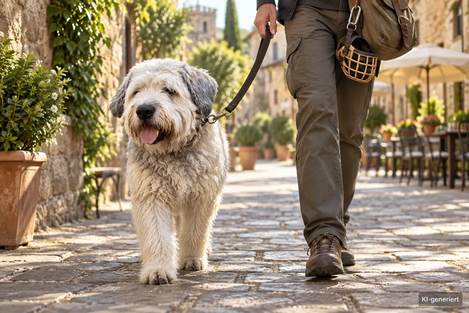 Angeleinter Hund in einer historischen italienischen Ortschaft