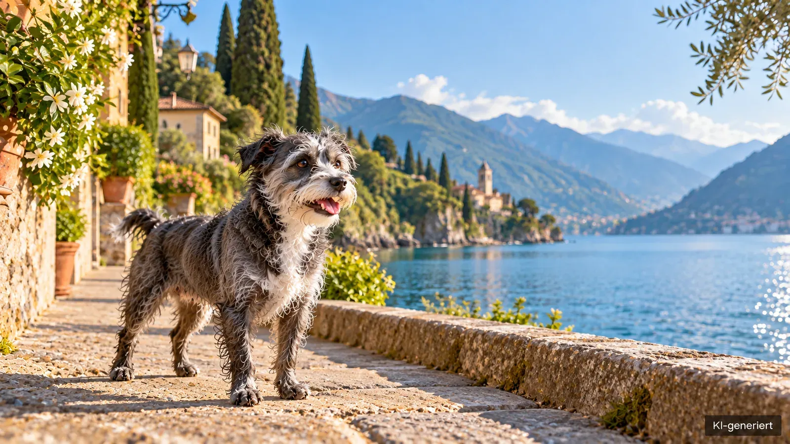 Hund an einer italienischen Seepromenade