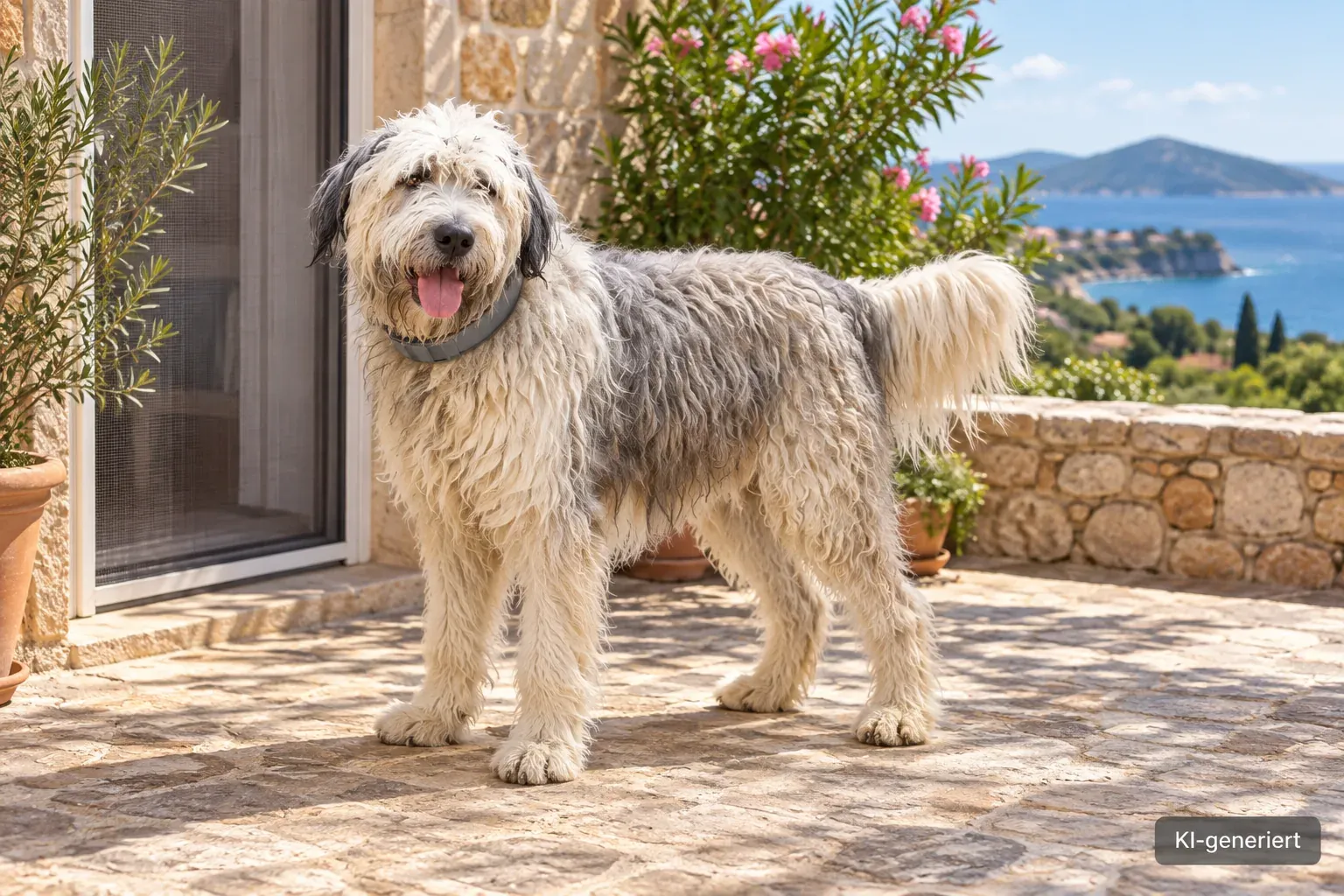 Hund mit vorbeugendem Schutzhalsband auf einer mediterranen Terrasse