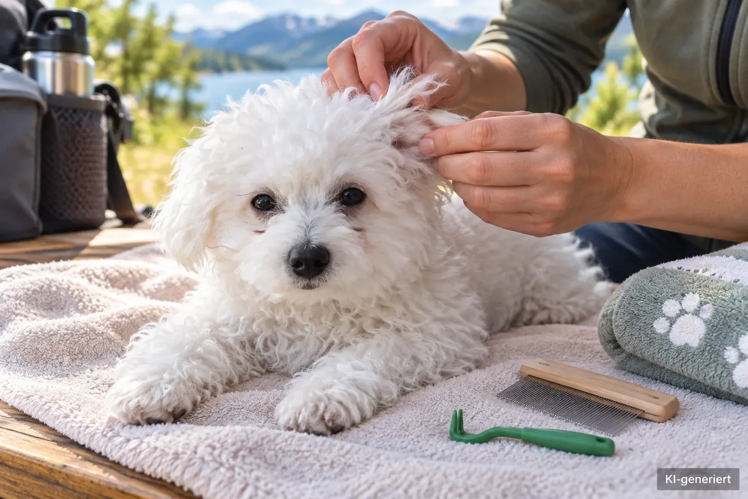 Hundehalterin kontrolliert nach dem Spaziergang sorgfältig das Fell