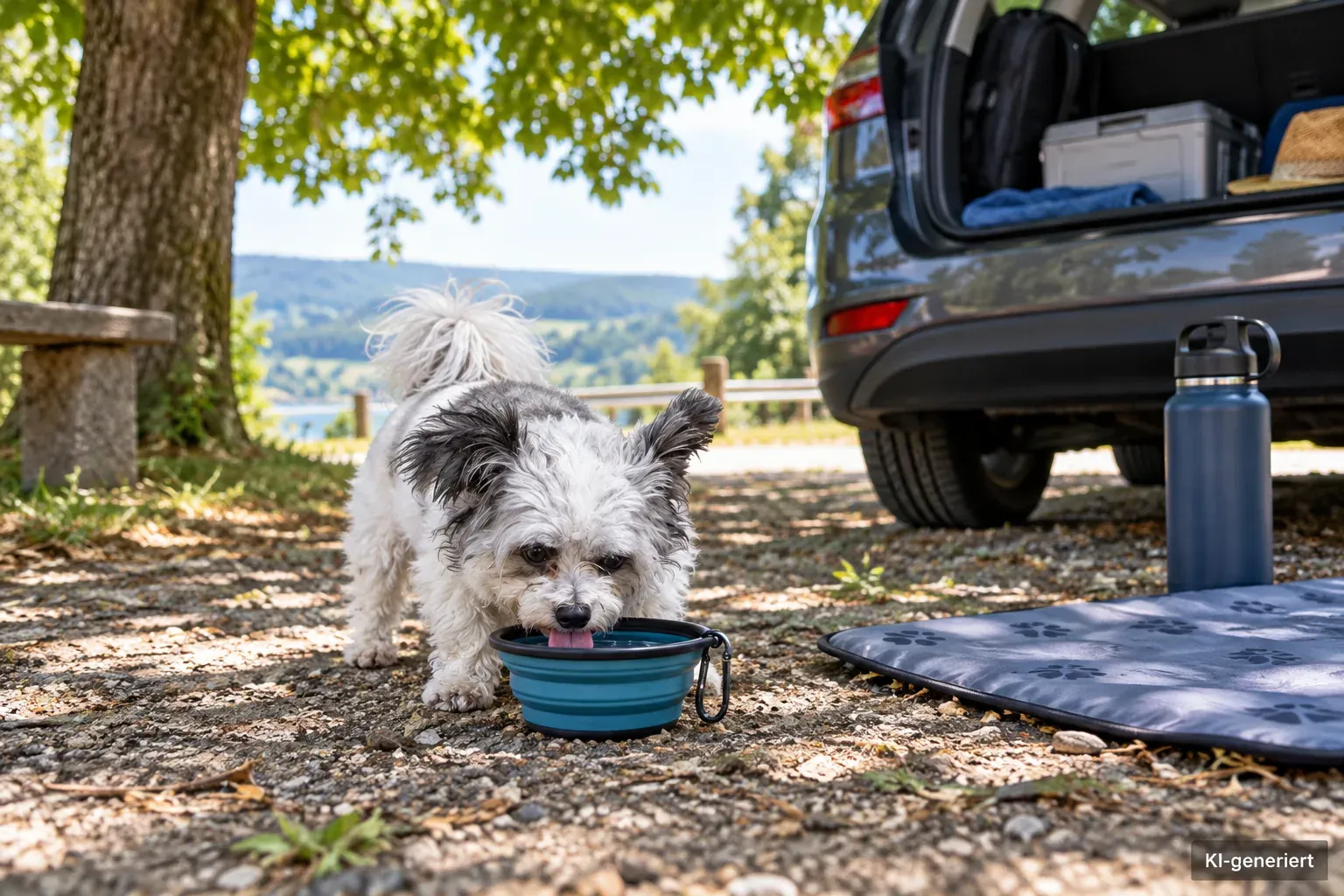 Hund trinkt während einer schattigen Fahrtpause