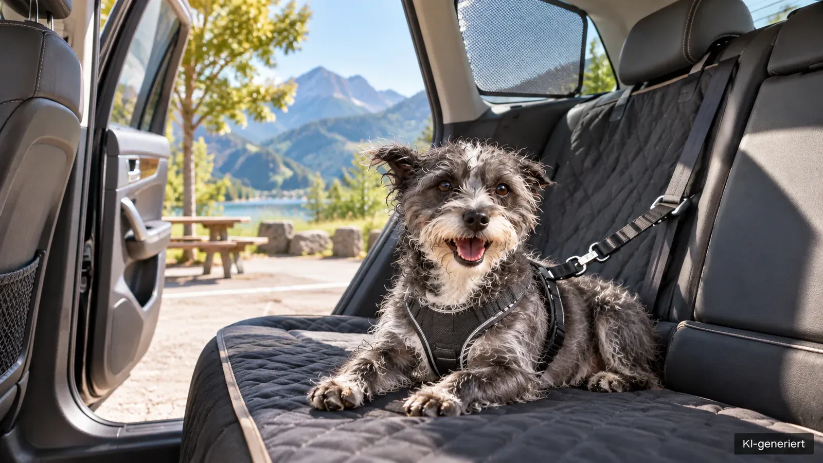 Hund im Auto mit einem geeigneten Sicherheitsgeschirr