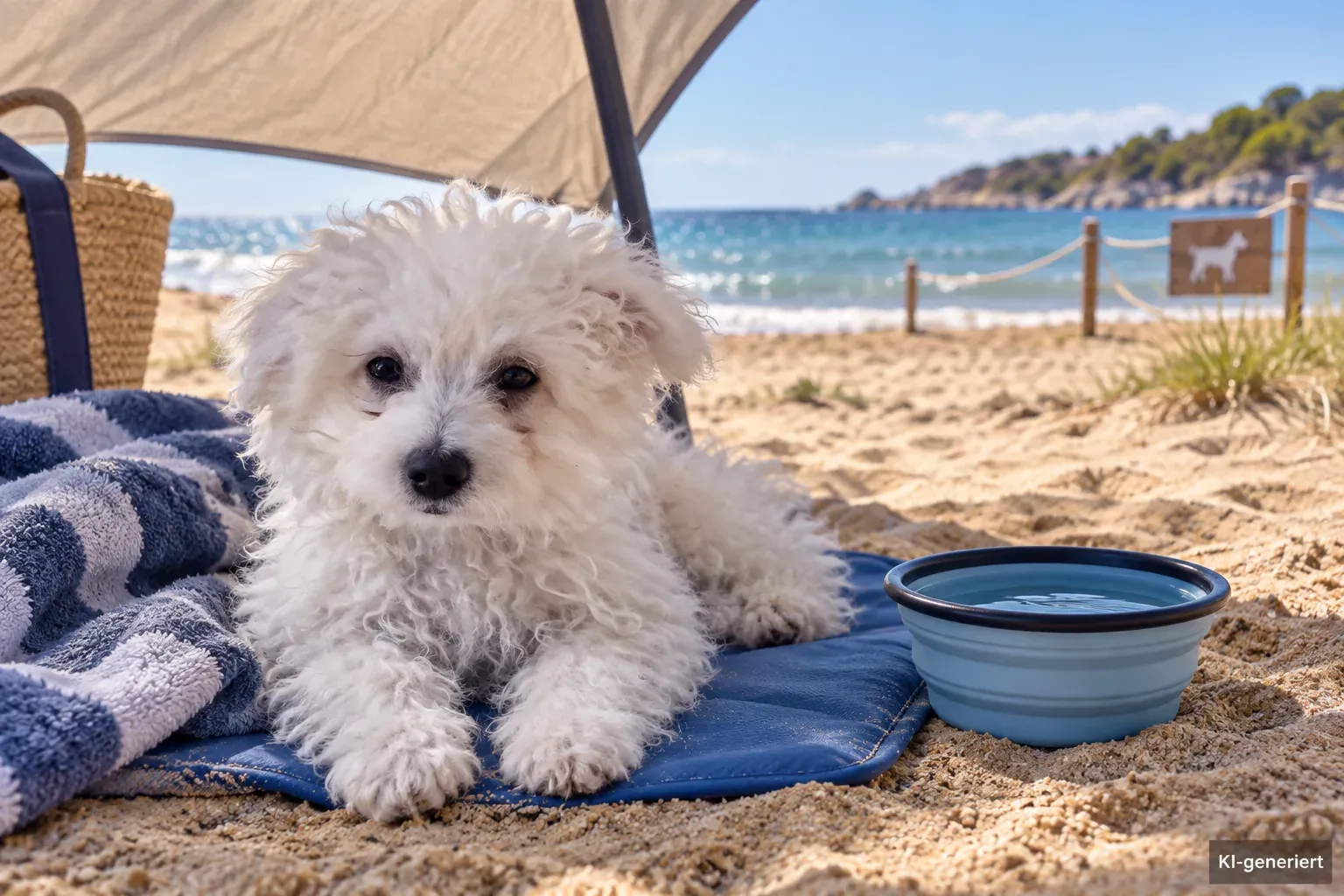Hund im Schatten an einem hundefreundlichen Strand