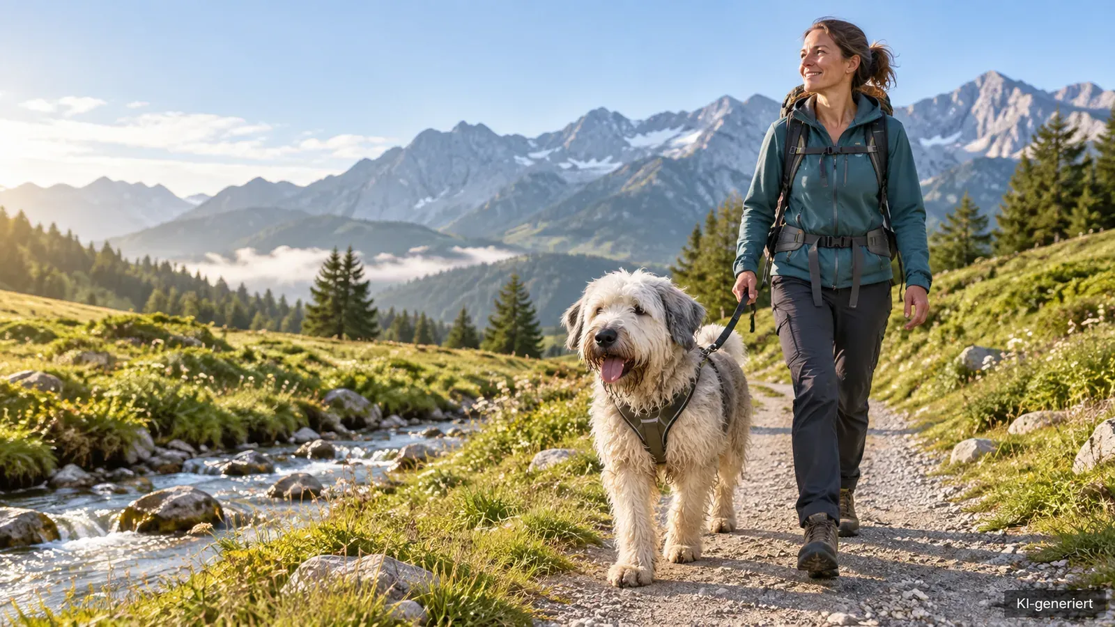 Hund angeleint auf einem breiten Bergwanderweg