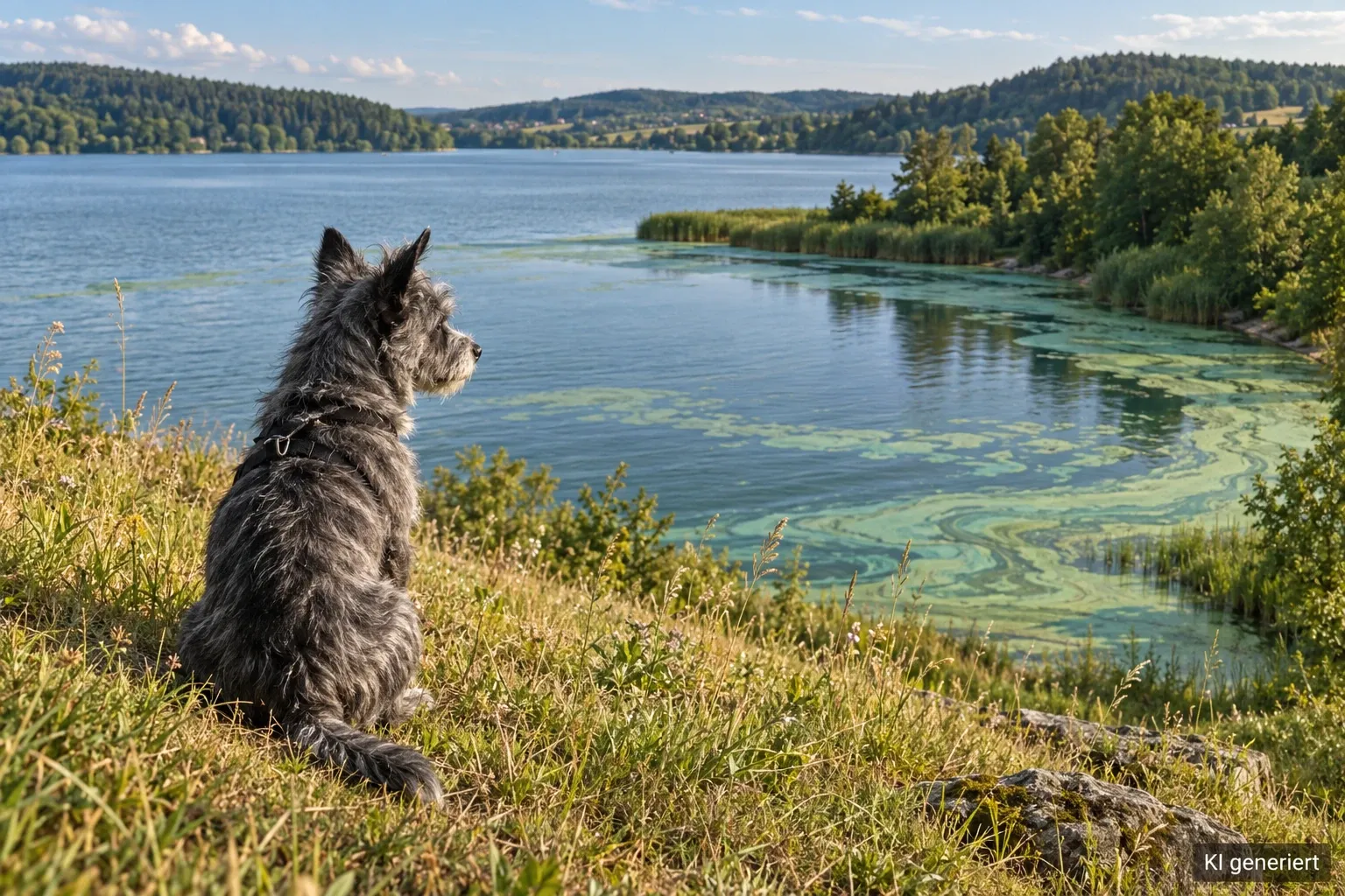 Grauer Hund sitzt im Gras über einem See und blickt auf grünliche Algenschlieren in einer Schilfbucht