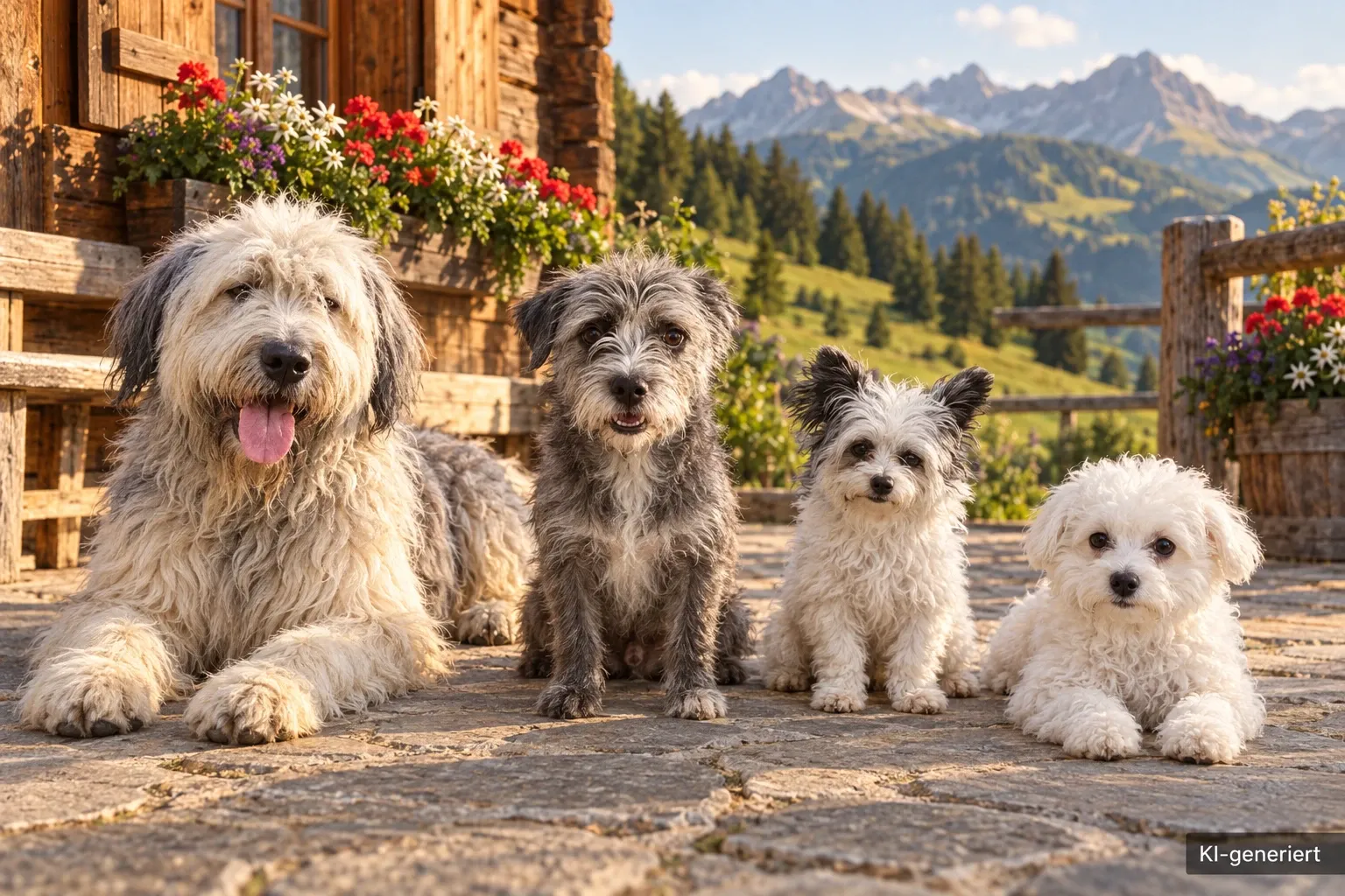 Vier Hunde auf einem Steinpflaster vor einer Almhütte mit Blumenkästen, dahinter Wiesen, Fichten und Berggipfel